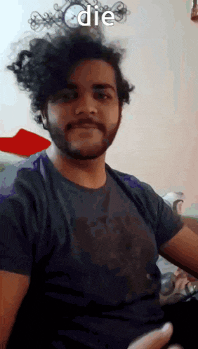 a man with curly hair and a beard is wearing a t-shirt that says die on it