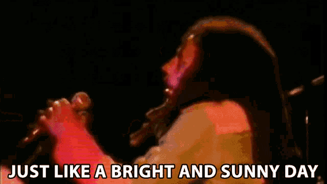 a woman singing into a microphone with the words just like a bright and sunny day above her