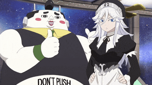 a cartoon character giving a thumbs up next to a sign that says don 't push