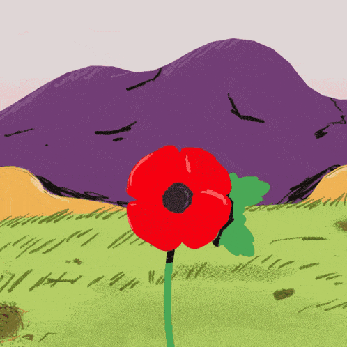 a cartoon drawing of a red flower in a field with mountains in the background