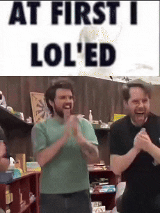 two men clapping in front of a sign that says " at first i lol 'ed "