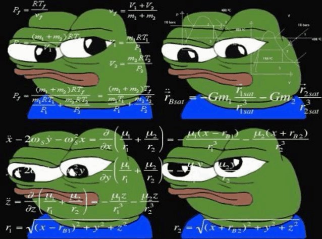 a cartoon of a frog with mathematical equations on it 's face .