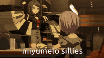 two anime girls are sitting at a table and the words miyumelo sillies are on the bottom