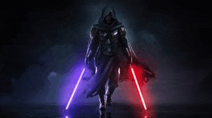 a man in a hood is holding two lightsabers in his hands .