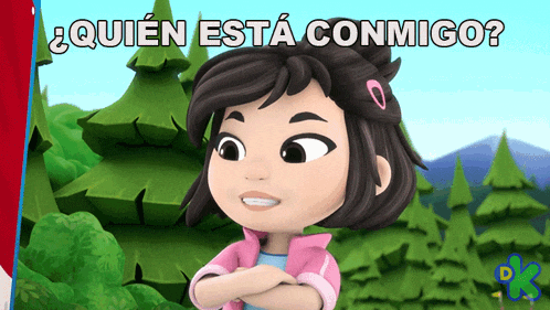 a girl with her arms crossed is standing in front of trees and the words " quien esta conmigo "