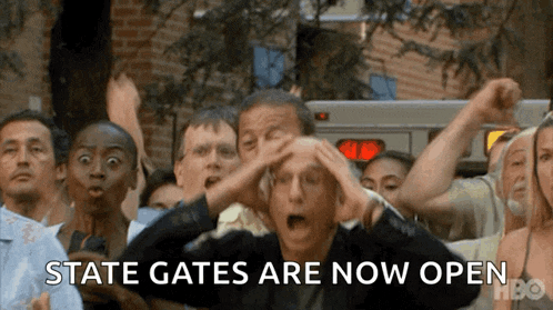a group of people with their hands on their heads and the words state gates are now open behind them