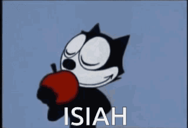 a cartoon cat is eating an apple and the word isiah is below him