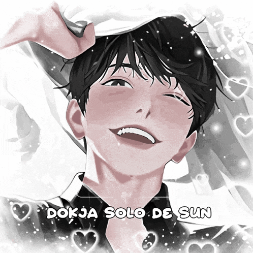 a black and white drawing of a boy with the words dokka solo de sun above him