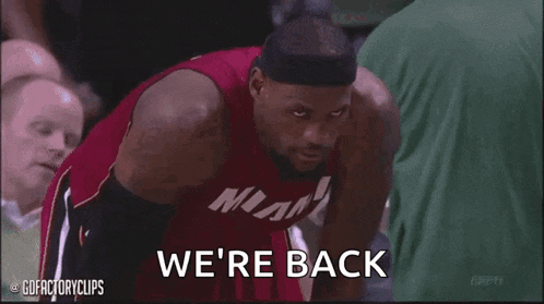 a man in a miami jersey is saying " we 're back "