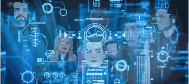 a group of people are standing in front of a screen that has a infinity symbol on it