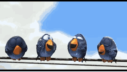 four birds are sitting on a wire with their eyes closed and smiling