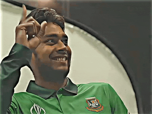 a man wearing a green shirt that says ' cricket ' on it