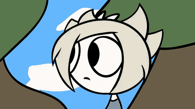 a cartoon drawing of a girl with white hair looking up at the sky