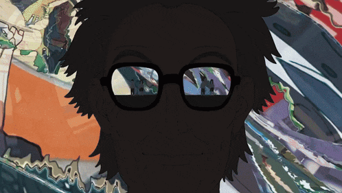 a cartoon drawing of a man wearing glasses with a colorful background behind him