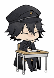 a boy in a black hat is sitting at a desk