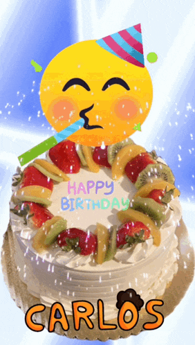 a birthday cake with a smiley face and the name carlos