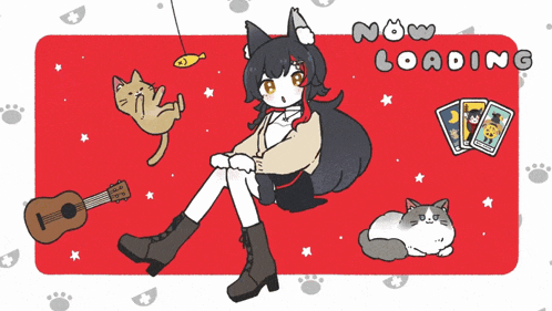 a drawing of a girl sitting next to cats and a guitar with the words now loading below her