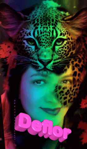 a picture of a woman with a leopard on her head and the word deflor in pink