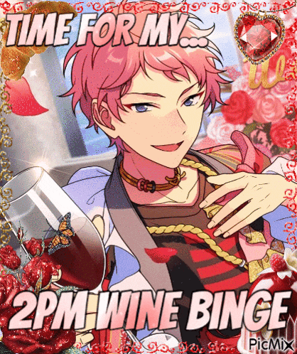 a man with pink hair is holding a glass of wine with the words time for my 2 pm wine binge