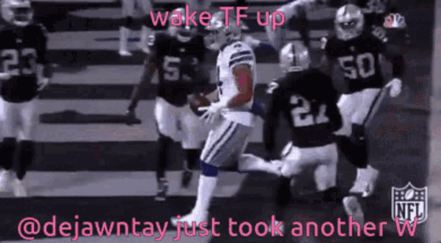 a group of football players are running on a field with the caption wake tf up @dejawntay just took another w
