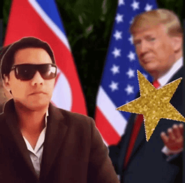 a man wearing sunglasses stands in front of donald trump and a gold star