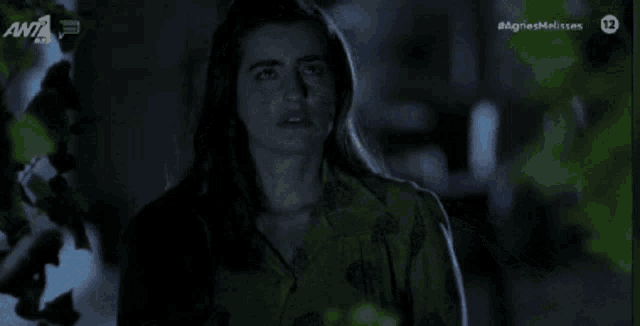 a woman in a green shirt stands in front of a tv screen that says anta