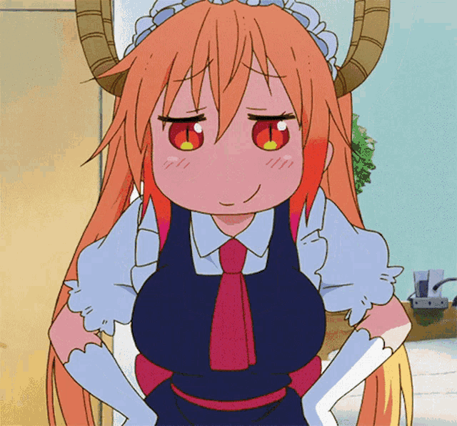 a girl with long orange hair and horns is wearing a blue apron and tie