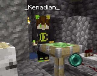 a minecraft character is standing next to a table with the name kenadian on it