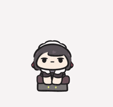 a cartoon drawing of a girl with a long tail sitting on a box .