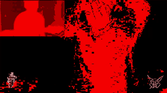 a red and black background with a silhouette of a person in the corner