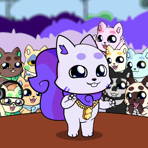 a cartoon drawing of a cat with a purple mane and a gold chain around its neck