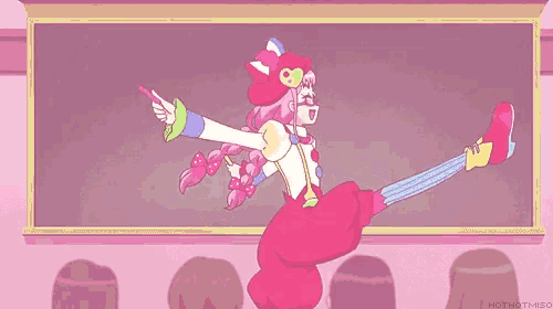 a cartoon drawing of a girl in a pink dress holding a pencil in front of a skull