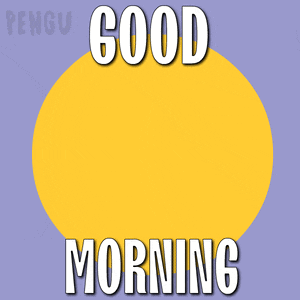 a penguin says good morning on a purple and yellow background