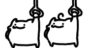a black and white drawing of two cats hanging from a rope .