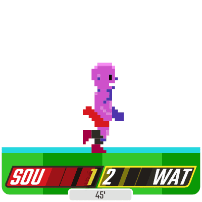 a group of soccer players huddle together with the scoreboard showing sou 12 wat 45
