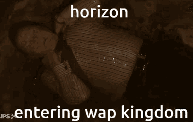 a man in a suit and tie is laying in a dark room with the words horizon entering wap kingdom above him
