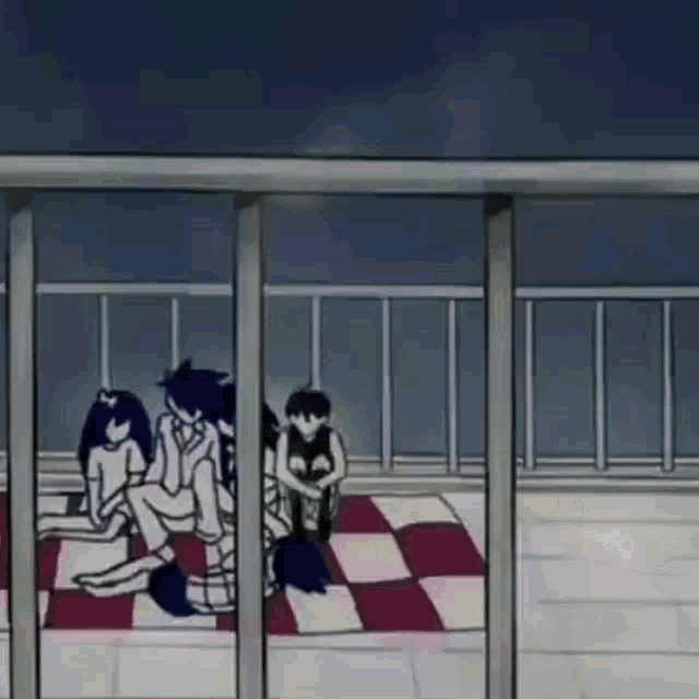 a cartoon of a group of people sitting on a checkered rug on a balcony .