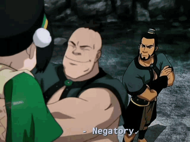 a man in a green shirt is talking to another man in a green shirt who says - negative