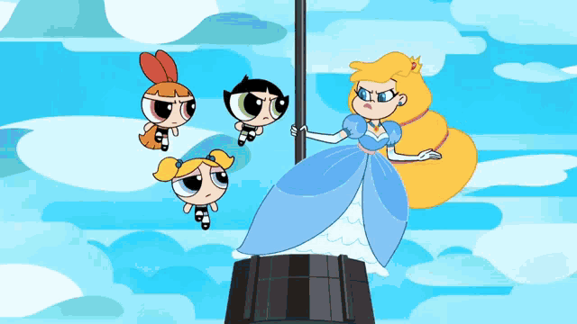 a cartoon of a girl in a blue dress standing on top of a pole