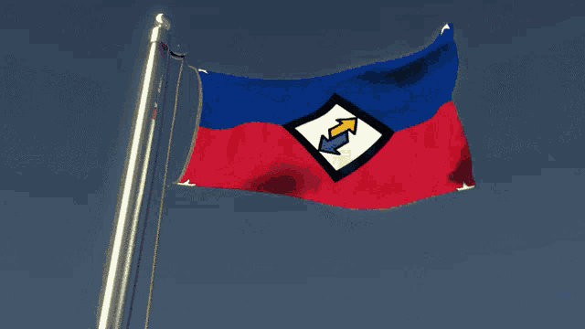 a red and blue flag with arrows pointing in opposite directions on it