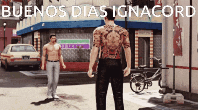 a man with a tattoo on his back stands in front of a building that says buenos dias ignacord