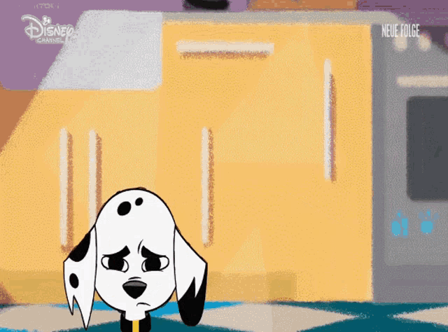 a dalmatian dog is standing in front of a yellow wall with the word neue folge on the bottom
