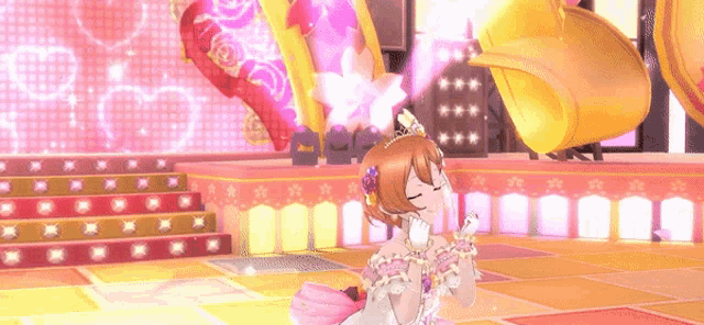 a girl in a white dress is standing on a stage with a heart in the background