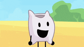 a green cartoon character is standing next to a white pillow .