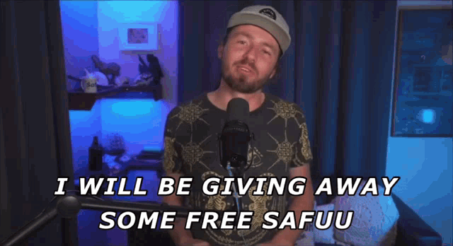 a man in a hat is talking into a microphone with the words " i will be giving away some free safuu " above him
