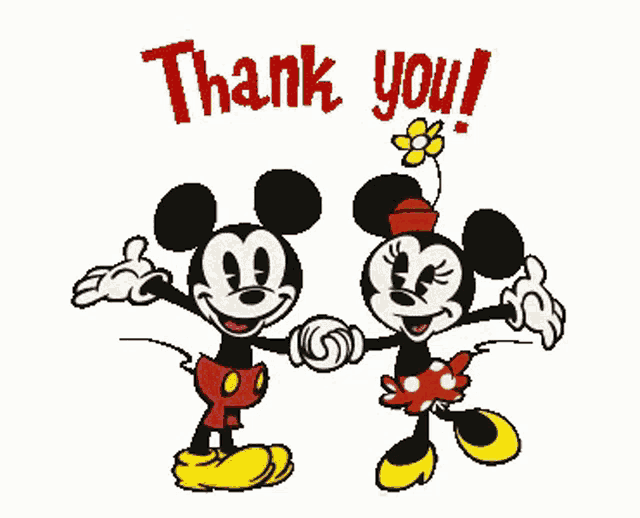 a cartoon of mickey mouse and minnie mouse holding hands with the words thank you below them