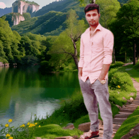 a man in a pink shirt stands in front of a lake with mountains in the background
