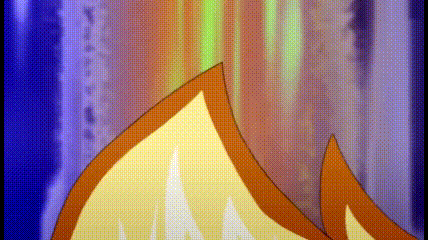 a close up of a cartoon flame with a rainbow background