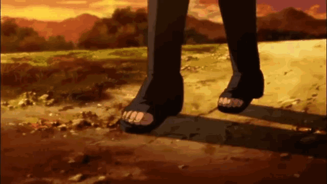 a close up of a person 's feet wearing sandals walking on a dirt road .