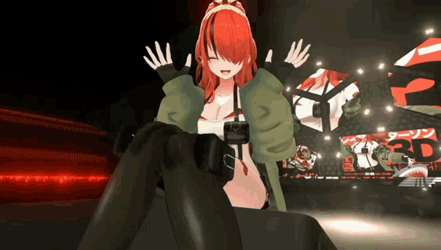 a red haired anime girl is sitting in front of a sign that says 3rd
